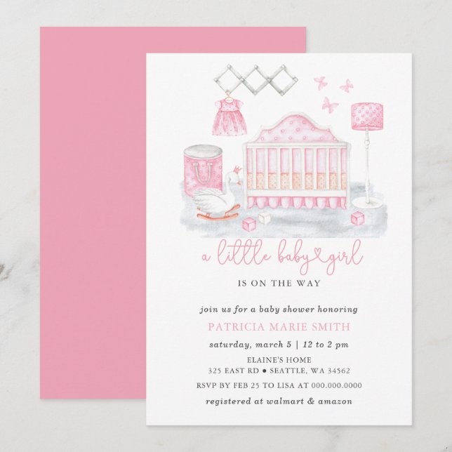 Fjäril Svan Prinsessa Rosa Flick Baby Shower Inbjudningar (Fram/baksida)