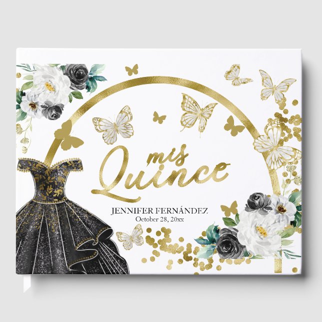 Fjäril Svart Klänning Quinceanera Gästbok (Framsida)