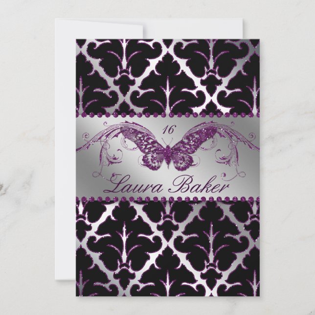 Fjäril Sweet 16 Inbjudan Damask Violett Glitter (Framsida)