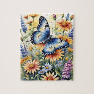 Fjäril Vår Äng Vilda Blommor Akvarell Pussel