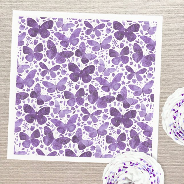 Fjäril Vattenfärg Lila Pappersservett (Pretty watercolor purple butterfly pattern party paper napkins)