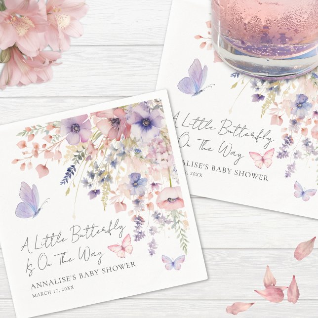 Fjäril Vilda Blommor Bebis Shower Pappersservett (Butterfly Wildflower Baby Shower Napkins)