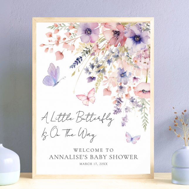 Fjäril Vilda Blommor Bebis Shower Poster (Butterfly Wildflower Baby Shower Poster)
