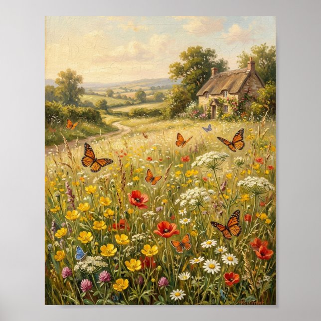 Fjäril Vildblomma Äng Stuga I Poster (Framsidan)