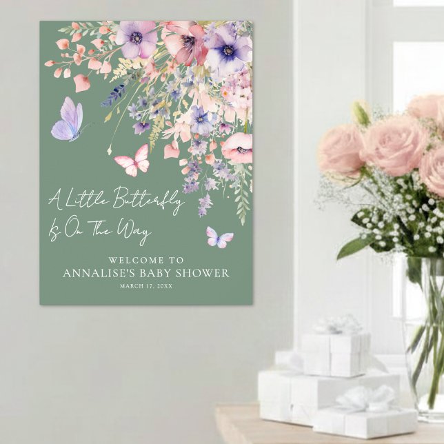 Fjäril Vildblomma Bebis Shower Välkomstskylt Poster (Butterfly Wildflower Baby Shower Welcome Sign)