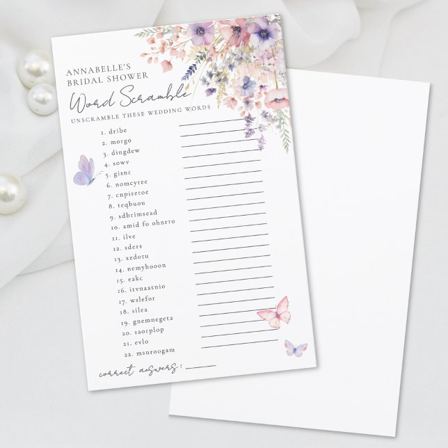 Fjäril Vildblomma Bröllopsdusch Bokstavsförvrängni (Word Scramble Butterfly Wildflower Bridal Shower )