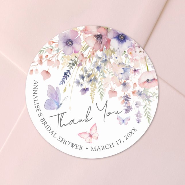 Fjäril Vildblomma Bröllopsdusch Tack Runt Klistermärke (Butterfly Wildflower Bridal Shower Thank You Classic Round Sticker)