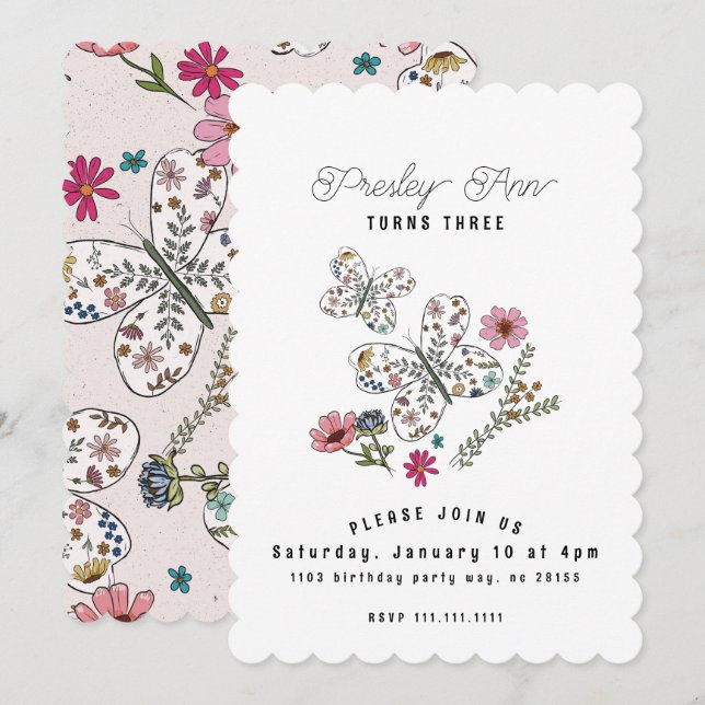 Fjäril Vildblomma Inbjudningar (Fram/baksida)