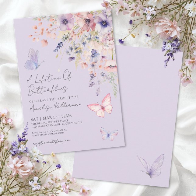 Fjäril Vildblomma Lila Bröllopsdusch Inbjudningar (Butterfly Wildflower Purple Bridal Shower Invitation)