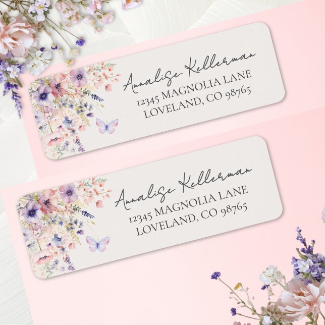 Fjäril Vildblomma Returadress Etikett (Butterfly Wildflower Return Address Label)