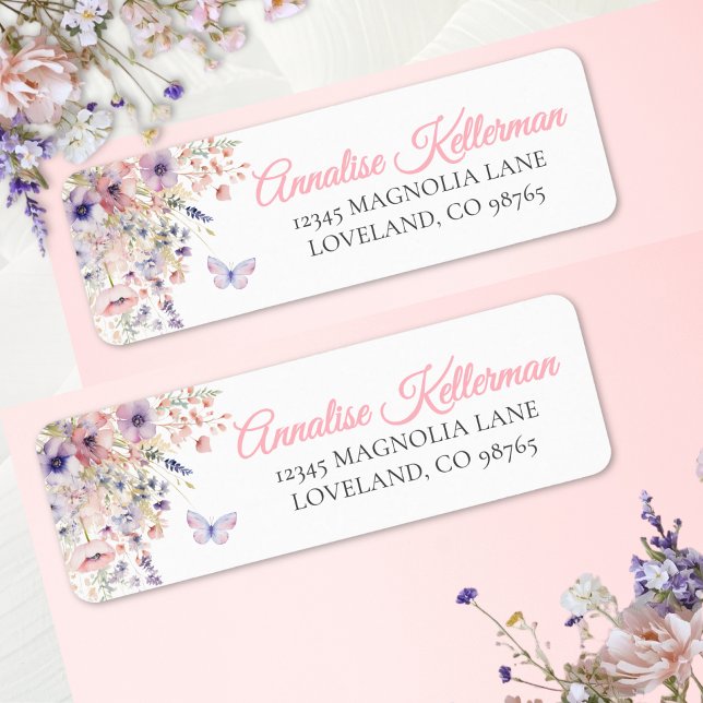 Fjäril Vildblomma Returadressetikett Returadress Etikett (Butterfly Wildflower Return Address Label)