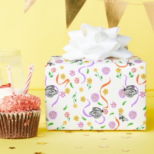 Fjäril Vit Lavendel Blommig Presentpapper (Födelsedagsfest)