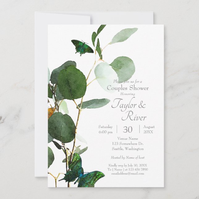 Fjärilar & Akvarellgrönska Inbjudningar (Framsida)