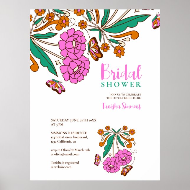Fjärilar Älskare Rosa Blommig Skript Bröllop Poster (Framsidan)