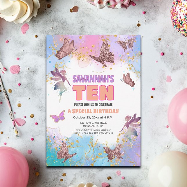 Fjärilar Älva Guld Glitter 10-års födelsedagsfest Inbjudningar (Skapare uppladdad)