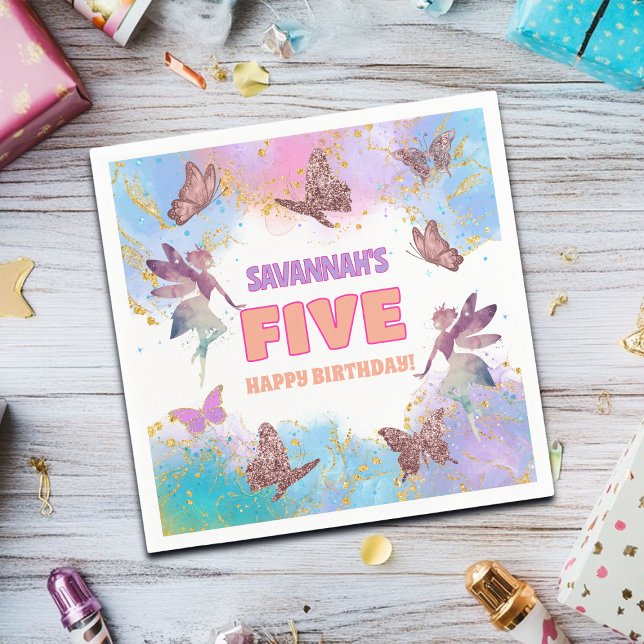 Fjärilar Älva Guld Glitter 5-års födelsedagsfest Pappersservett (Skapare uppladdad)