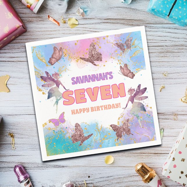 Fjärilar Älva Guld Glitter 7-års födelsedagsfest Pappersservett (Skapare uppladdad)