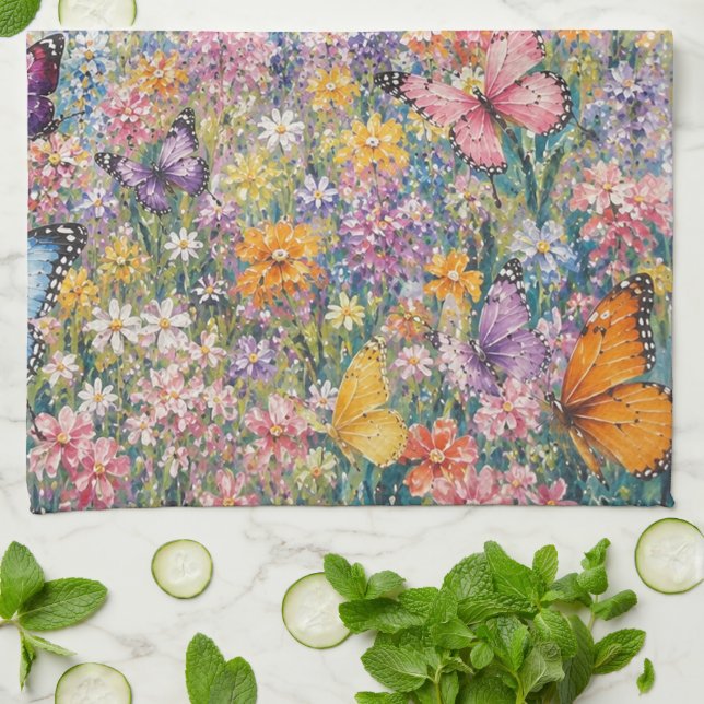 Fjärilar av paradiset – En färgrik vildblomma  Kökshandduk (Vikta)