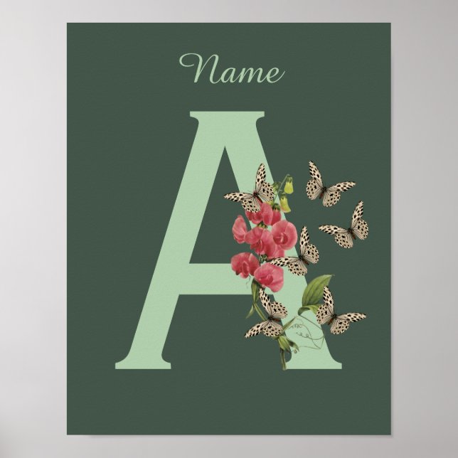 Fjärilar Blomma Monogram Initial A Personlig Poster (Framsidan)
