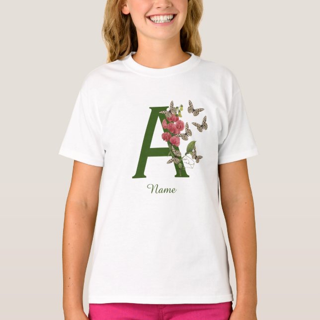 Fjärilar Blomma Monogram Initial A Personlig T Shirt (Framsida)