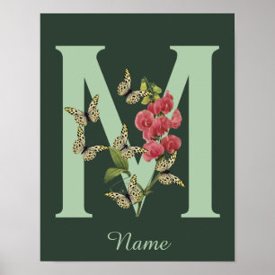 Fjärilar Blomma Monogram Initial M Personlig Poster