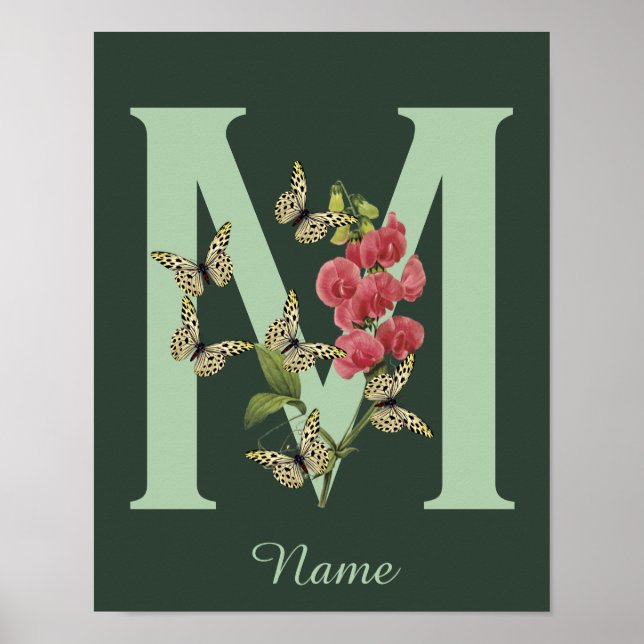 Fjärilar Blomma Monogram Initial M Personlig Poster (Framsidan)