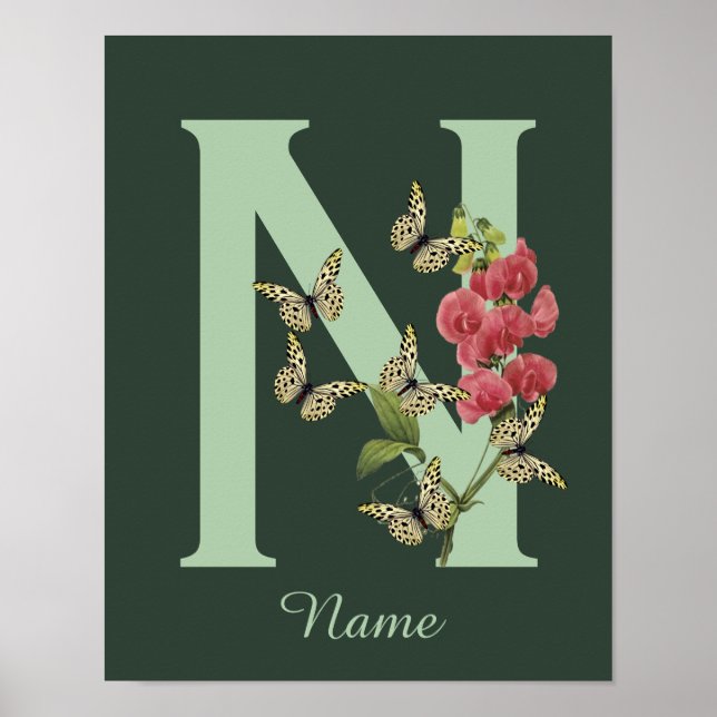 Fjärilar Blomma Monogram Initial N Personlig Poster (Framsidan)