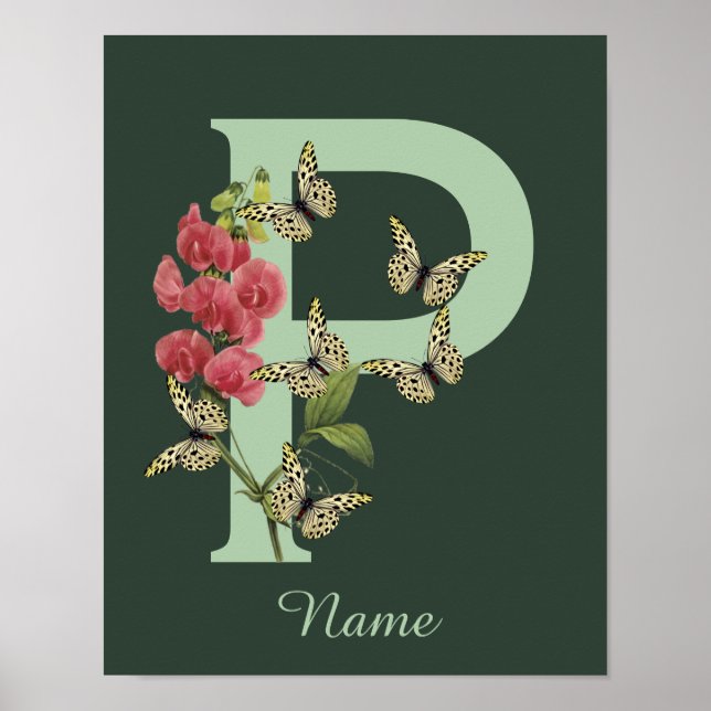 Fjärilar Blomma Monogram Initial P Personlig Poster (Framsidan)