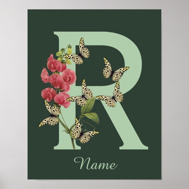 Fjärilar Blomma Monogram Initial R Personlig Poster (Framsidan)