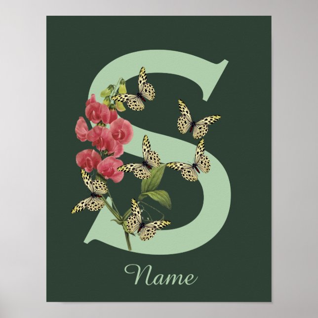 Fjärilar Blomma Monogram Initial S Personlig Poster (Framsidan)