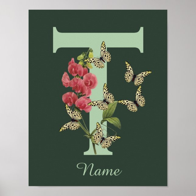 Fjärilar Blomma Monogram Initial T Personlig Poster (Framsidan)