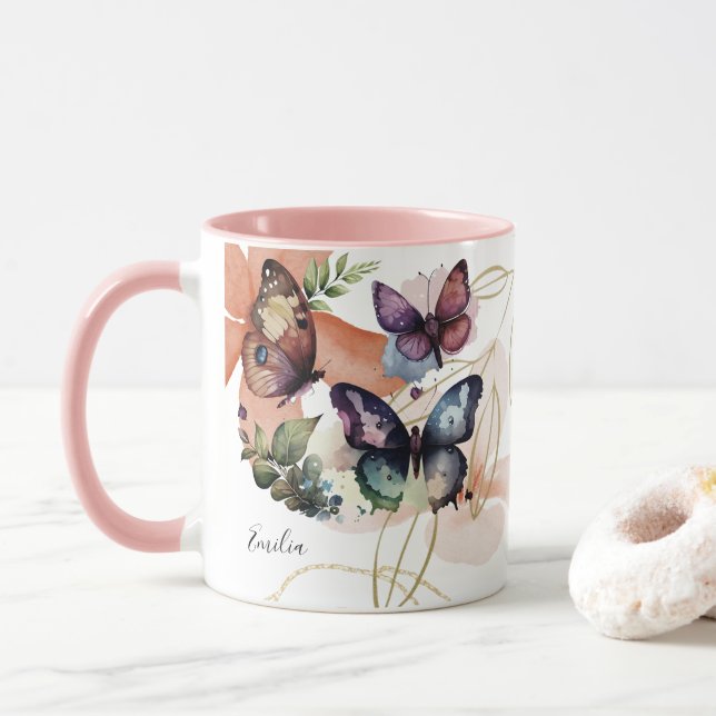 Fjärilar Blommar Vackert Namn Mugg (Med munk)