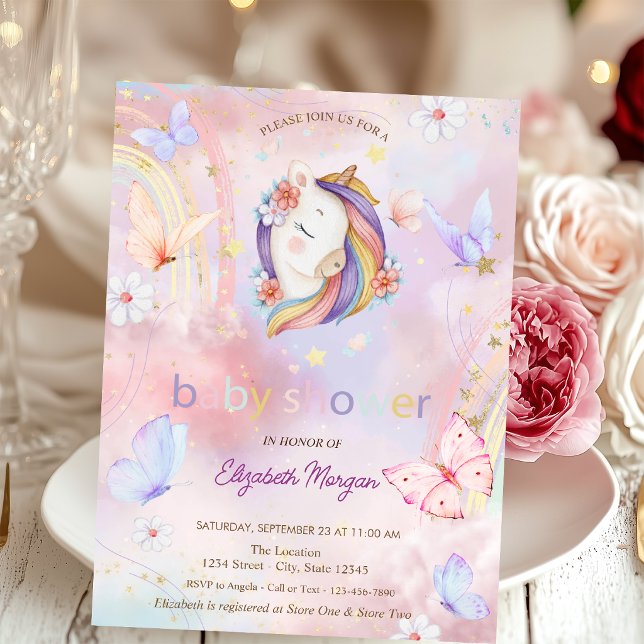Fjärilar Blommig Enhörning Baby Shower Inbjudningar (Skapare uppladdad)