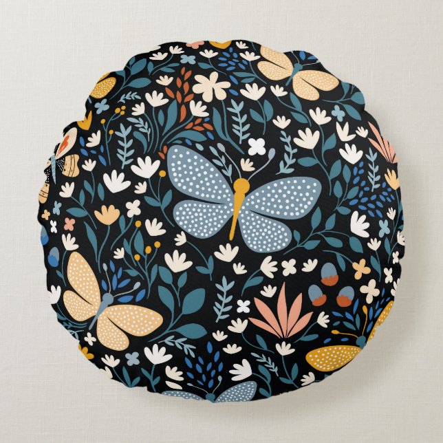 Fjärilar Blommor: Handritad Sömlös. Rund Kudde (Framsidan)