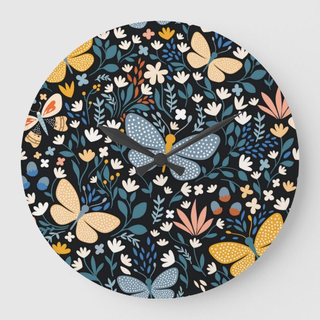 Fjärilar Blommor: Handritad Sömlös. Stor Klocka (Framsida)