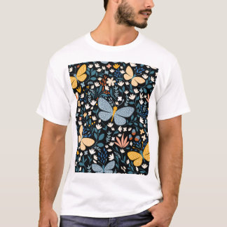 Fjärilar Blommor: Handritad Sömlös. T Shirt