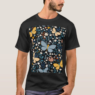 Fjärilar Blommor: Handritad Sömlös. T Shirt