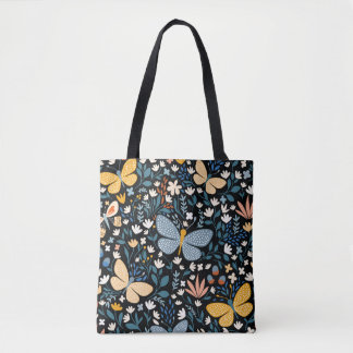 Fjärilar Blommor: Handritad Sömlös. Tygkasse