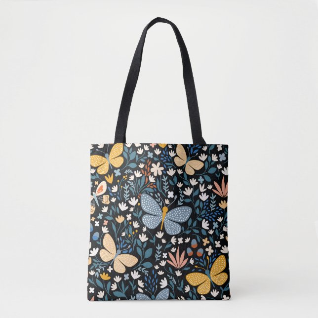 Fjärilar Blommor: Handritad Sömlös. Tygkasse (Framsida)