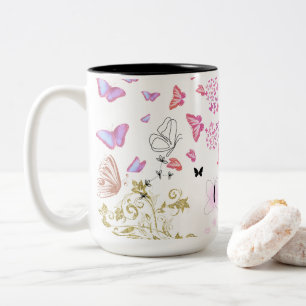 Fjärilar & blommor-mugg   Vacker blom- fjärilsdesi Två-Tonad Mugg