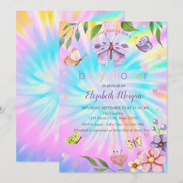 Fjärilar Blommor Tie Dye Baby Shower  Inbjudningar (Fram/baksida)
