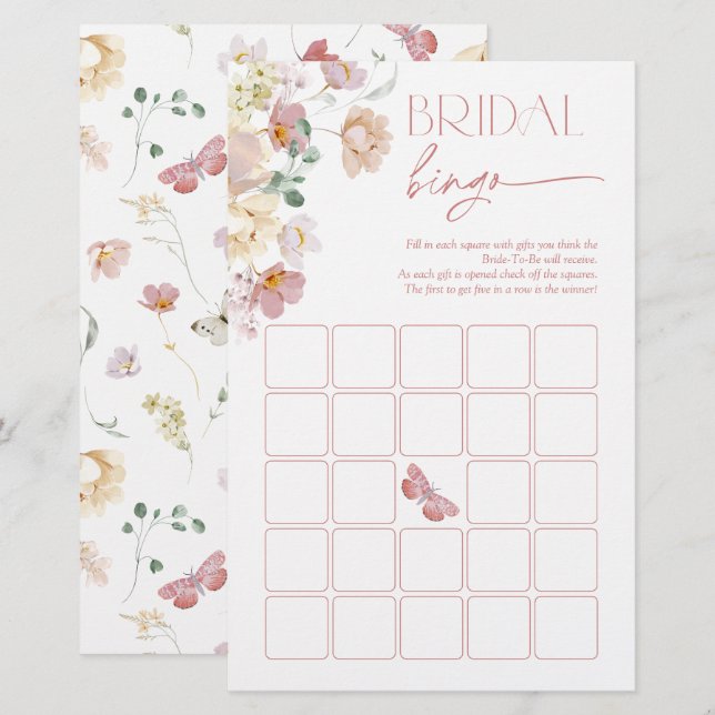 Fjärilar Bröllopsbingo Rosa Blommig Bröllopslek (Fram/baksida)
