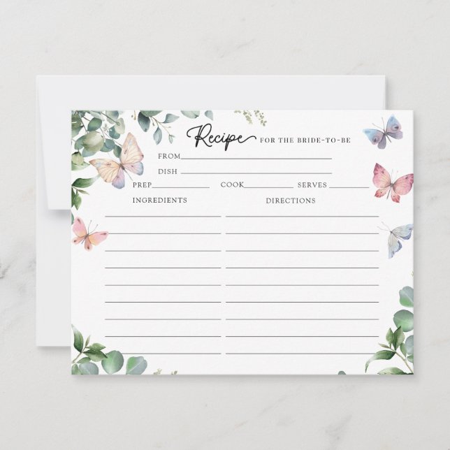 Fjärilar Eukalyptus Bröllopsdusch Receptkort  Inbjudningar (Framsida)