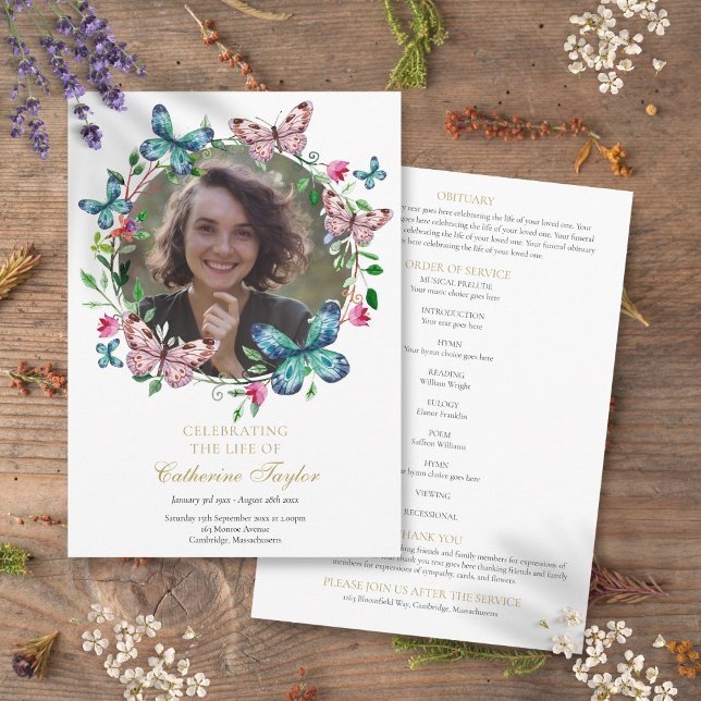 Fjärilar Foto Begravning Tjänst Ordning Program (Butterflies Photo Funeral Order Of Service Program)
