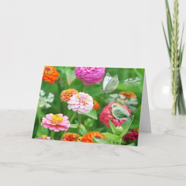 Fjärilar i en Zinnia Trädgårds Välkomstkort Kort (Framsida)