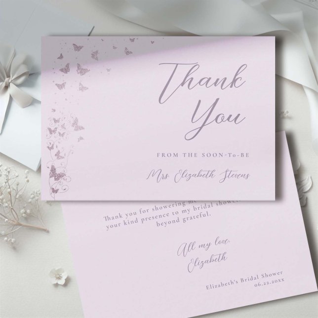 Fjärilar i Livstid Lila Silver Bröllopsdagsfest Tack Kort (lilac glitter butterflies bridal shower thank you card)
