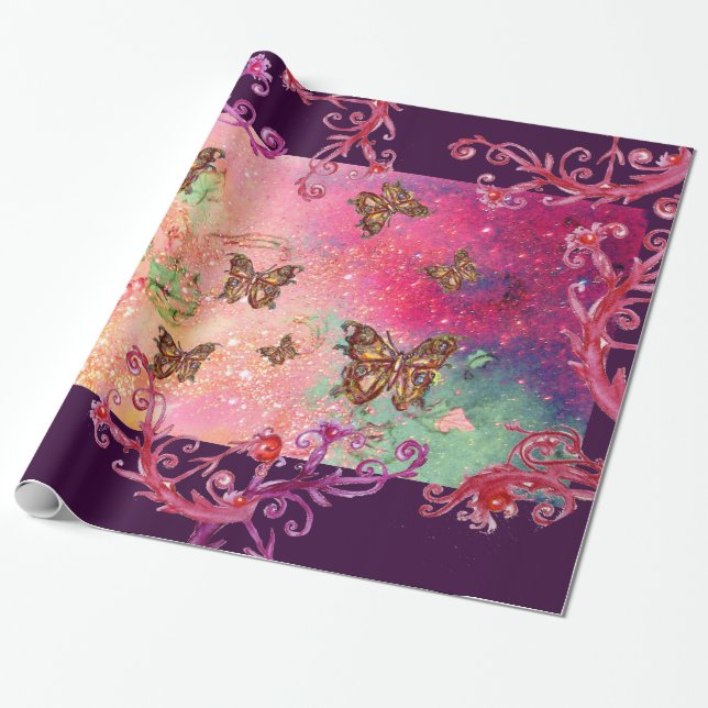 FJÄRILAR I ROSA GLITTER-MAGISK FJÄRILPLANTA PRESENTPAPPER (Utrullad)