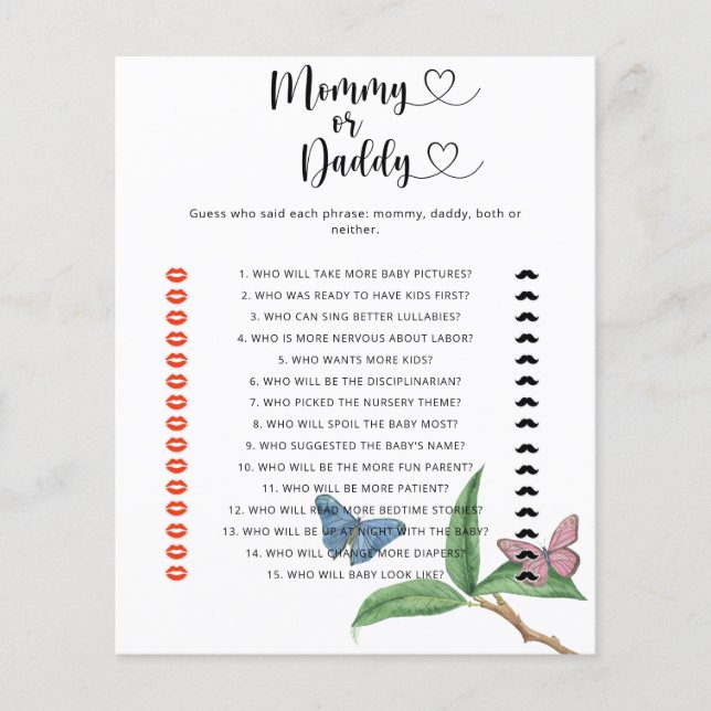 Fjärilar - mamma eller pappa baby shower spel (Framsida)