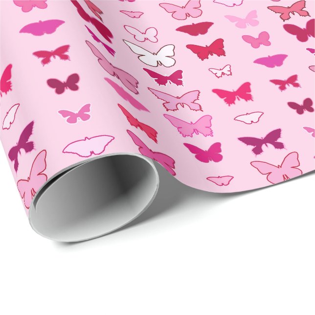 Fjärilar, nyanser av rosa och fuchsia presentpapper (Rullad Hörn)