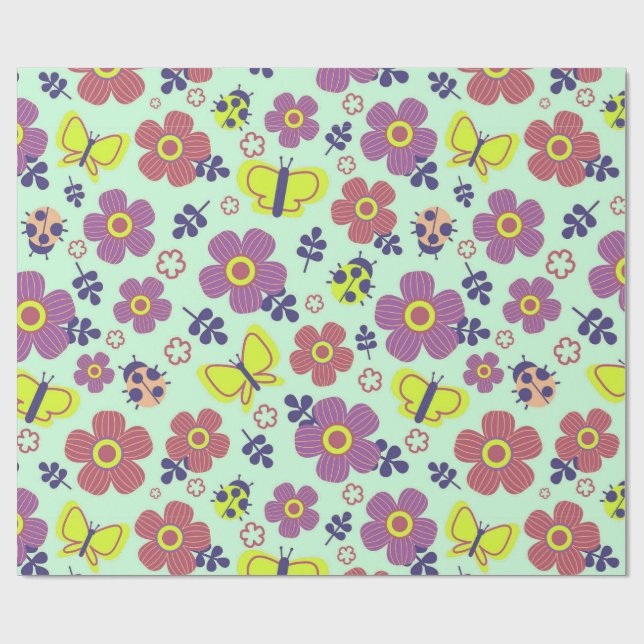 Fjärilar, nyckelpigor, blommor och blad presentpapper (Platt)